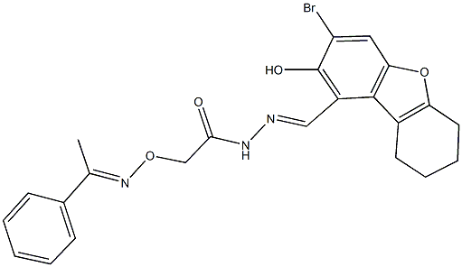 N'-[(3-bromo-2-hydroxy-6,7,8,9-tetrahydrodibenzo[b,d]furan-1-yl)methylene]-2-{[(1-phenylethylidene)amino]oxy}acetohydrazide Struktur