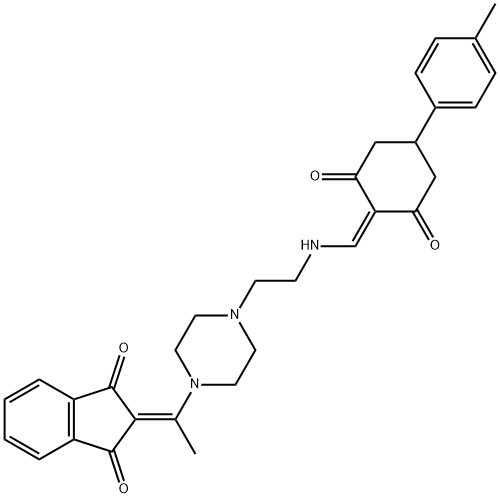 2-(1-{4-[2-({[4-(4-methylphenyl)-2,6-dioxocyclohexylidene]methyl}amino)ethyl]-1-piperazinyl}ethylidene)-1H-indene-1,3(2H)-dione Struktur