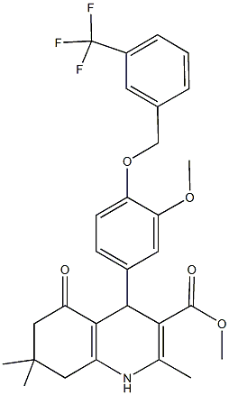 methyl 4-(3-methoxy-4-{[3-(trifluoromethyl)benzyl]oxy}phenyl)-2,7,7-trimethyl-5-oxo-1,4,5,6,7,8-hexahydro-3-quinolinecarboxylate Struktur