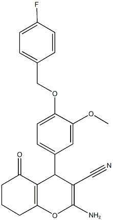 2-amino-4-{4-[(4-fluorobenzyl)oxy]-3-methoxyphenyl}-5-oxo-5,6,7,8-tetrahydro-4H-chromene-3-carbonitrile Struktur