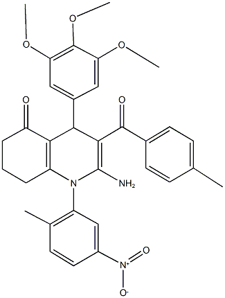 2-amino-1-{5-nitro-2-methylphenyl}-3-(4-methylbenzoyl)-4-(3,4,5-trimethoxyphenyl)-4,6,7,8-tetrahydroquinolin-5(1H)-one Struktur