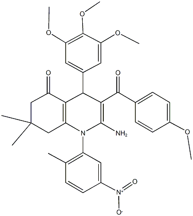 2-amino-1-{5-nitro-2-methylphenyl}-3-(4-methoxybenzoyl)-7,7-dimethyl-4-(3,4,5-trimethoxyphenyl)-4,6,7,8-tetrahydro-5(1H)-quinolinone Struktur