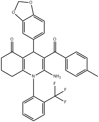 2-amino-4-(1,3-benzodioxol-5-yl)-3-(4-methylbenzoyl)-1-[2-(trifluoromethyl)phenyl]-4,6,7,8-tetrahydro-5(1H)-quinolinone Struktur