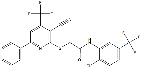 N-[2-chloro-5-(trifluoromethyl)phenyl]-2-{[3-cyano-6-phenyl-4-(trifluoromethyl)-2-pyridinyl]sulfanyl}acetamide Struktur