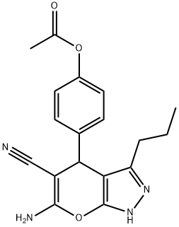 4-(6-amino-5-cyano-3-propyl-1,4-dihydropyrano[2,3-c]pyrazol-4-yl)phenyl acetate Struktur