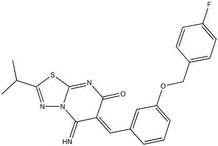 6-{3-[(4-fluorobenzyl)oxy]benzylidene}-5-imino-2-isopropyl-5,6-dihydro-7H-[1,3,4]thiadiazolo[3,2-a]pyrimidin-7-one Struktur