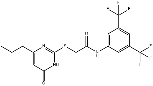 N-[3,5-bis(trifluoromethyl)phenyl]-2-[(4-hydroxy-6-propyl-2-pyrimidinyl)sulfanyl]acetamide Struktur