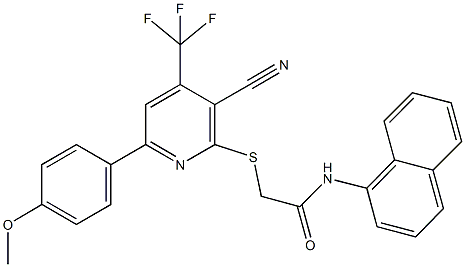 2-{[3-cyano-6-(4-methoxyphenyl)-4-(trifluoromethyl)-2-pyridinyl]sulfanyl}-N-(1-naphthyl)acetamide Struktur