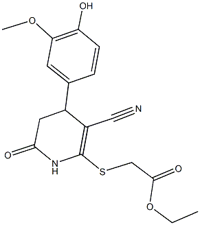 ethyl {[3-cyano-4-(4-hydroxy-3-methoxyphenyl)-6-oxo-1,4,5,6-tetrahydro-2-pyridinyl]sulfanyl}acetate Struktur