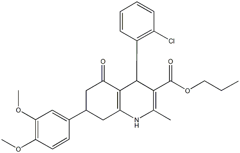 propyl 4-(2-chlorophenyl)-7-(3,4-dimethoxyphenyl)-2-methyl-5-oxo-1,4,5,6,7,8-hexahydro-3-quinolinecarboxylate Struktur