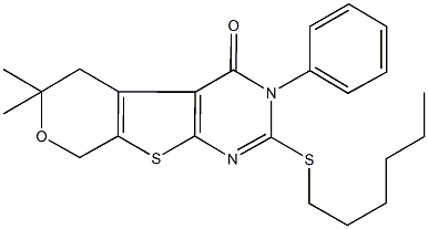 2-(hexylsulfanyl)-6,6-dimethyl-3-phenyl-3,5,6,8-tetrahydro-4H-pyrano[4',3':4,5]thieno[2,3-d]pyrimidin-4-one Struktur