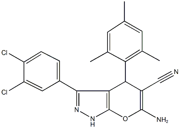 6-amino-3-(3,4-dichlorophenyl)-4-mesityl-1,4-dihydropyrano[2,3-c]pyrazole-5-carbonitrile Struktur