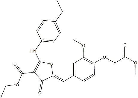 ethyl 2-(4-ethylanilino)-5-[3-methoxy-4-(2-methoxy-2-oxoethoxy)benzylidene]-4-oxo-4,5-dihydro-3-thiophenecarboxylate Struktur