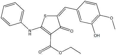 ethyl 2-anilino-5-(3-hydroxy-4-methoxybenzylidene)-4-oxo-4,5-dihydro-3-thiophenecarboxylate Struktur