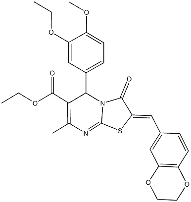 ethyl 2-(2,3-dihydro-1,4-benzodioxin-6-ylmethylene)-5-(3-ethoxy-4-methoxyphenyl)-7-methyl-3-oxo-2,3-dihydro-5H-[1,3]thiazolo[3,2-a]pyrimidine-6-carboxylate Struktur