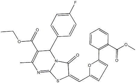 ethyl 5-(4-fluorophenyl)-2-({5-[2-(methoxycarbonyl)phenyl]-2-furyl}methylene)-7-methyl-3-oxo-2,3-dihydro-5H-[1,3]thiazolo[3,2-a]pyrimidine-6-carboxylate Struktur