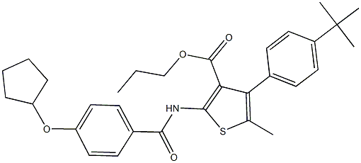 propyl 4-(4-tert-butylphenyl)-2-{[4-(cyclopentyloxy)benzoyl]amino}-5-methyl-3-thiophenecarboxylate Struktur