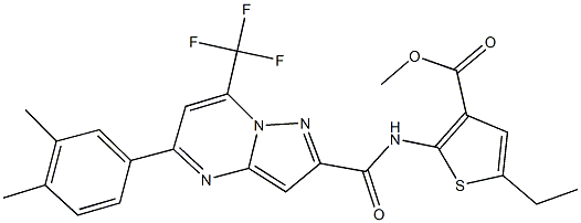 methyl 2-({[5-(3,4-dimethylphenyl)-7-(trifluoromethyl)pyrazolo[1,5-a]pyrimidin-2-yl]carbonyl}amino)-5-ethyl-3-thiophenecarboxylate Struktur