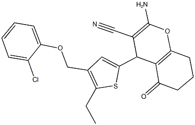 2-amino-4-{4-[(2-chlorophenoxy)methyl]-5-ethyl-2-thienyl}-5-oxo-5,6,7,8-tetrahydro-4H-chromene-3-carbonitrile Struktur