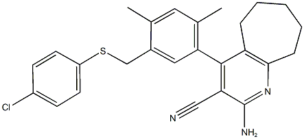 2-amino-4-(5-{[(4-chlorophenyl)sulfanyl]methyl}-2,4-dimethylphenyl)-6,7,8,9-tetrahydro-5H-cyclohepta[b]pyridine-3-carbonitrile Struktur