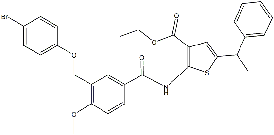 ethyl 2-({3-[(4-bromophenoxy)methyl]-4-methoxybenzoyl}amino)-5-(1-phenylethyl)-3-thiophenecarboxylate Struktur