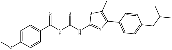 N-[4-(4-isobutylphenyl)-5-methyl-1,3-thiazol-2-yl]-N'-(4-methoxybenzoyl)thiourea Struktur