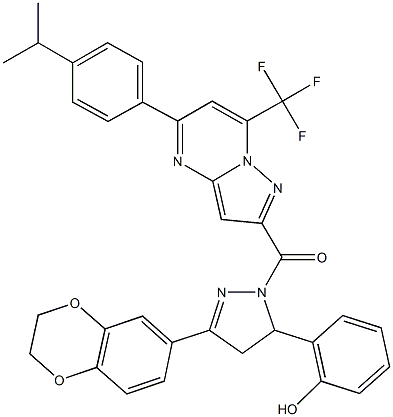 2-(3-(2,3-dihydro-1,4-benzodioxin-6-yl)-1-{[5-(4-isopropylphenyl)-7-(trifluoromethyl)pyrazolo[1,5-a]pyrimidin-2-yl]carbonyl}-4,5-dihydro-1H-pyrazol-5-yl)phenol Struktur