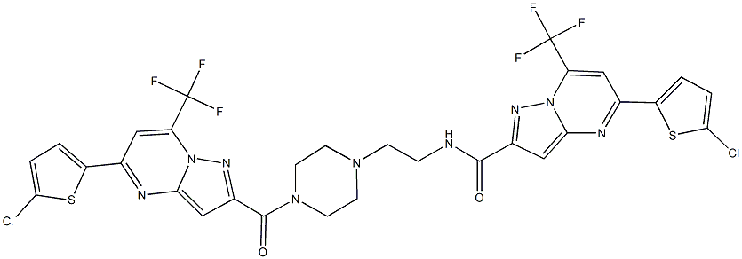 5-(5-chloro-2-thienyl)-N-[2-(4-{[5-(5-chloro-2-thienyl)-7-(trifluoromethyl)pyrazolo[1,5-a]pyrimidin-2-yl]carbonyl}-1-piperazinyl)ethyl]-7-(trifluoromethyl)pyrazolo[1,5-a]pyrimidine-2-carboxamide Struktur