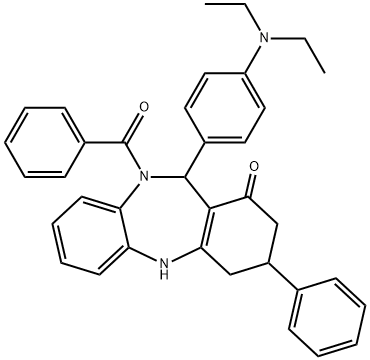 10-benzoyl-11-[4-(diethylamino)phenyl]-3-phenyl-2,3,4,5,10,11-hexahydro-1H-dibenzo[b,e][1,4]diazepin-1-one Struktur