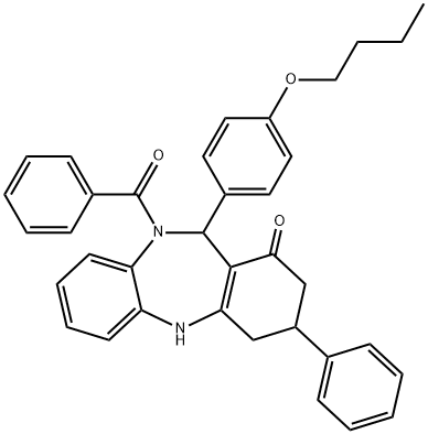 10-benzoyl-11-(4-butoxyphenyl)-3-phenyl-2,3,4,5,10,11-hexahydro-1H-dibenzo[b,e][1,4]diazepin-1-one Struktur