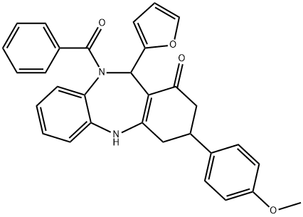 10-benzoyl-11-(2-furyl)-3-(4-methoxyphenyl)-2,3,4,5,10,11-hexahydro-1H-dibenzo[b,e][1,4]diazepin-1-one Struktur