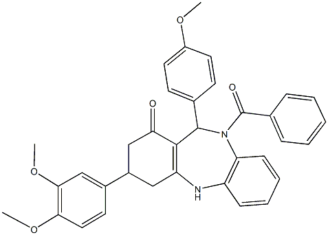 10-benzoyl-3-(3,4-dimethoxyphenyl)-11-(4-methoxyphenyl)-2,3,4,5,10,11-hexahydro-1H-dibenzo[b,e][1,4]diazepin-1-one Struktur