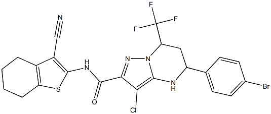 5-(4-bromophenyl)-3-chloro-N-(3-cyano-4,5,6,7-tetrahydro-1-benzothien-2-yl)-7-(trifluoromethyl)-4,5,6,7-tetrahydropyrazolo[1,5-a]pyrimidine-2-carboxamide Struktur