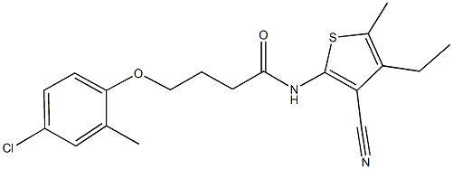 4-(4-chloro-2-methylphenoxy)-N-(3-cyano-4-ethyl-5-methyl-2-thienyl)butanamide Struktur