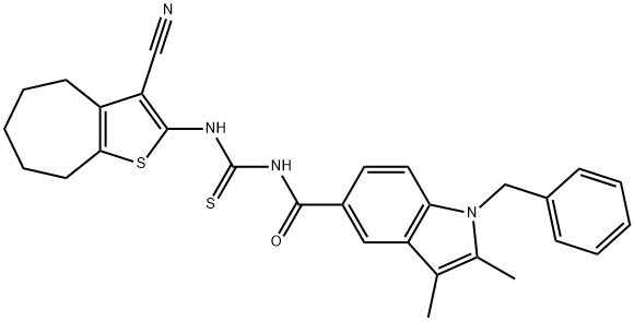 N-[(1-benzyl-2,3-dimethyl-1H-indol-5-yl)carbonyl]-N'-(3-cyano-5,6,7,8-tetrahydro-4H-cyclohepta[b]thien-2-yl)thiourea Struktur