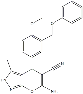 6-amino-4-[4-methoxy-3-(phenoxymethyl)phenyl]-3-methyl-2,4-dihydropyrano[2,3-c]pyrazole-5-carbonitrile Struktur