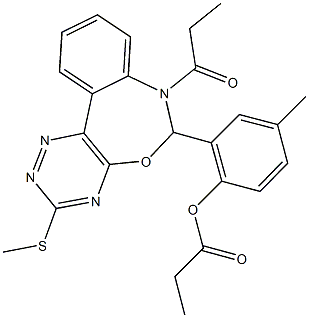 4-methyl-2-[3-(methylsulfanyl)-7-propionyl-6,7-dihydro[1,2,4]triazino[5,6-d][3,1]benzoxazepin-6-yl]phenyl propionate Struktur