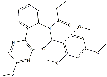 3-(methylsulfanyl)-7-propionyl-6-(2,4,6-trimethoxyphenyl)-6,7-dihydro[1,2,4]triazino[5,6-d][3,1]benzoxazepine Struktur