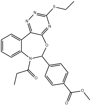 methyl 4-[3-(ethylsulfanyl)-7-propionyl-6,7-dihydro[1,2,4]triazino[5,6-d][3,1]benzoxazepin-6-yl]benzoate Struktur