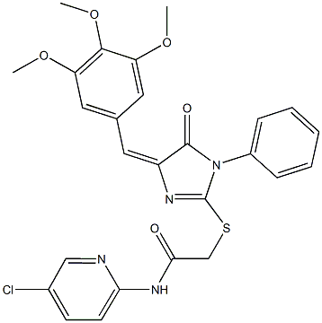 N-(5-chloro-2-pyridinyl)-2-{[5-oxo-1-phenyl-4-(3,4,5-trimethoxybenzylidene)-4,5-dihydro-1H-imidazol-2-yl]sulfanyl}acetamide Struktur