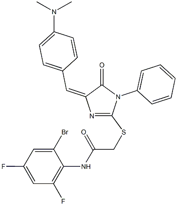 N-(2-bromo-4,6-difluorophenyl)-2-({4-[4-(dimethylamino)benzylidene]-5-oxo-1-phenyl-4,5-dihydro-1H-imidazol-2-yl}sulfanyl)acetamide Struktur