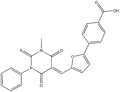 4-{5-[(1-methyl-4,6-dioxo-3-phenyl-2-thioxotetrahydro-5(2H)-pyrimidinylidene)methyl]-2-furyl}benzoic acid Struktur