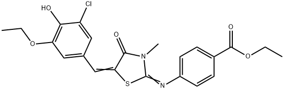 ethyl 4-{[5-(3-chloro-5-ethoxy-4-hydroxybenzylidene)-3-methyl-4-oxo-1,3-thiazolidin-2-ylidene]amino}benzoate Struktur