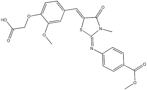 {2-methoxy-4-[(2-{[4-(methoxycarbonyl)phenyl]imino}-3-methyl-4-oxo-1,3-thiazolidin-5-ylidene)methyl]phenoxy}acetic acid Struktur