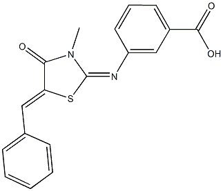 3-[(5-benzylidene-3-methyl-4-oxo-1,3-thiazolidin-2-ylidene)amino]benzoic acid Struktur