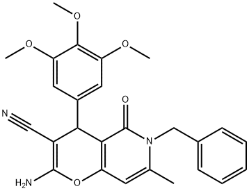 2-amino-6-benzyl-7-methyl-5-oxo-4-(3,4,5-trimethoxyphenyl)-5,6-dihydro-4H-pyrano[3,2-c]pyridine-3-carbonitrile Struktur