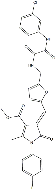 methyl 4-{[5-({[(3-chloroanilino)(oxo)acetyl]amino}methyl)-2-furyl]methylene}-1-(4-fluorophenyl)-2-methyl-5-oxo-4,5-dihydro-1H-pyrrole-3-carboxylate Struktur