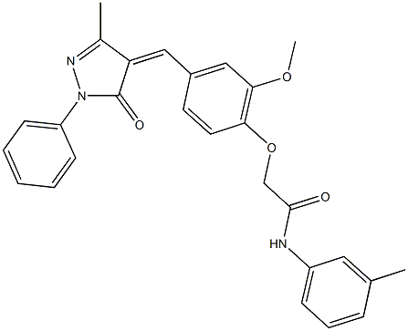 2-{2-methoxy-4-[(3-methyl-5-oxo-1-phenyl-1,5-dihydro-4H-pyrazol-4-ylidene)methyl]phenoxy}-N-(3-methylphenyl)acetamide Struktur