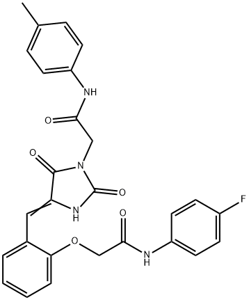 2-[2-({2,5-dioxo-1-[2-oxo-2-(4-toluidino)ethyl]imidazolidin-4-ylidene}methyl)phenoxy]-N-(4-fluorophenyl)acetamide Struktur