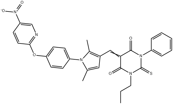 5-({1-[4-({5-nitropyridin-2-yl}oxy)phenyl]-2,5-dimethyl-1H-pyrrol-3-yl}methylene)-1-phenyl-3-propyl-2-thioxodihydropyrimidine-4,6(1H,5H)-dione Struktur